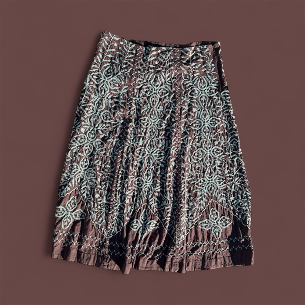 Soft Surroundings Y2K Boho/Western/Indie Brown Skirt with Teal Embroidery